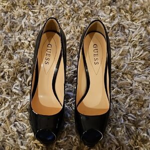 Guess Glossy Black Peep Toe Heels